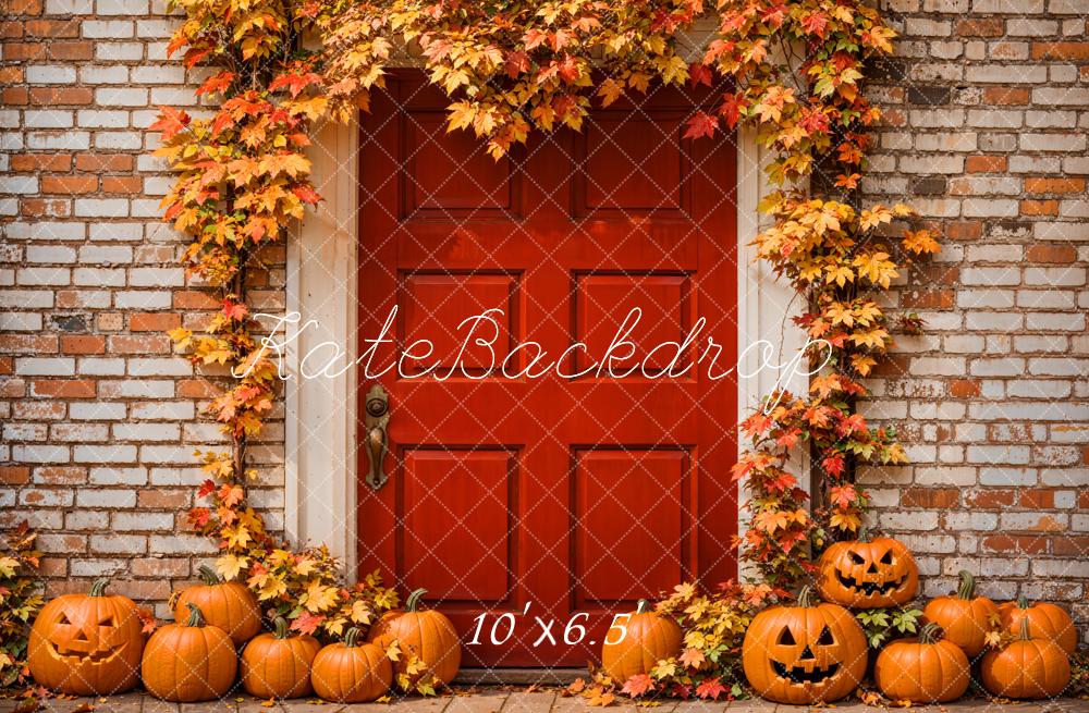 Kate Autumn Halloween Maple Leaves Red Door Brick Wall Backdrop Designed by Emetselch