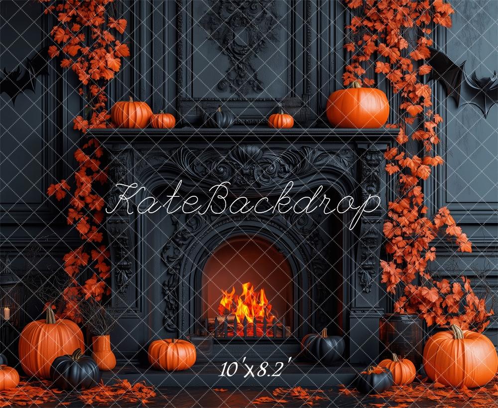 Halloween Fall Zwarte Open Haard Pompoenen Foto Achtergrond Designed by Patty Roberts