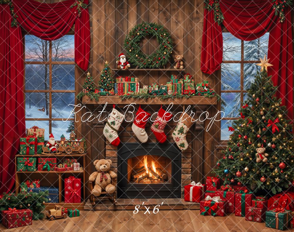 Kate Christmas Tree Fireplace Wooden Backdrop Designed by Emetselch