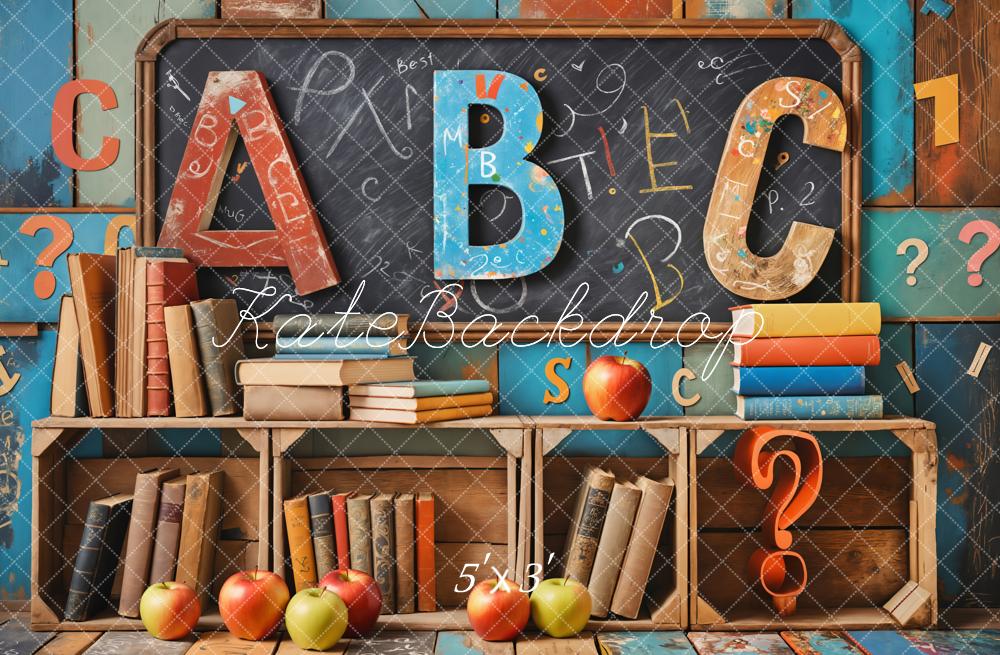 Kate Back to School Book Blackboard Colorful Wooden Wall Backdrop Designed by Emetselch