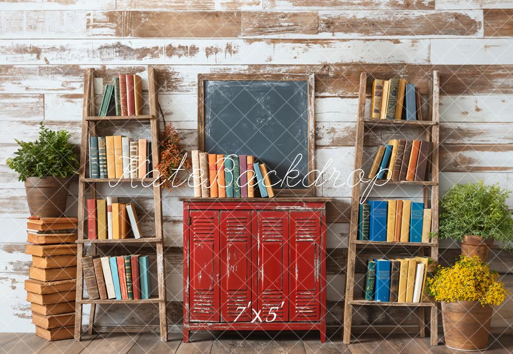 Kate Back to School Bookshelf Red Locker Blackboard Backdrop Designed by Emetselch