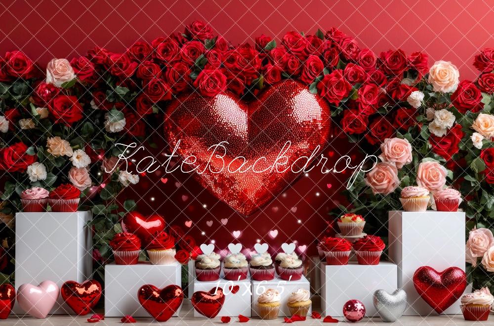 Fondo de Corazón Rojo Disco con Rosas Diseñado por Mini MakeBelieve