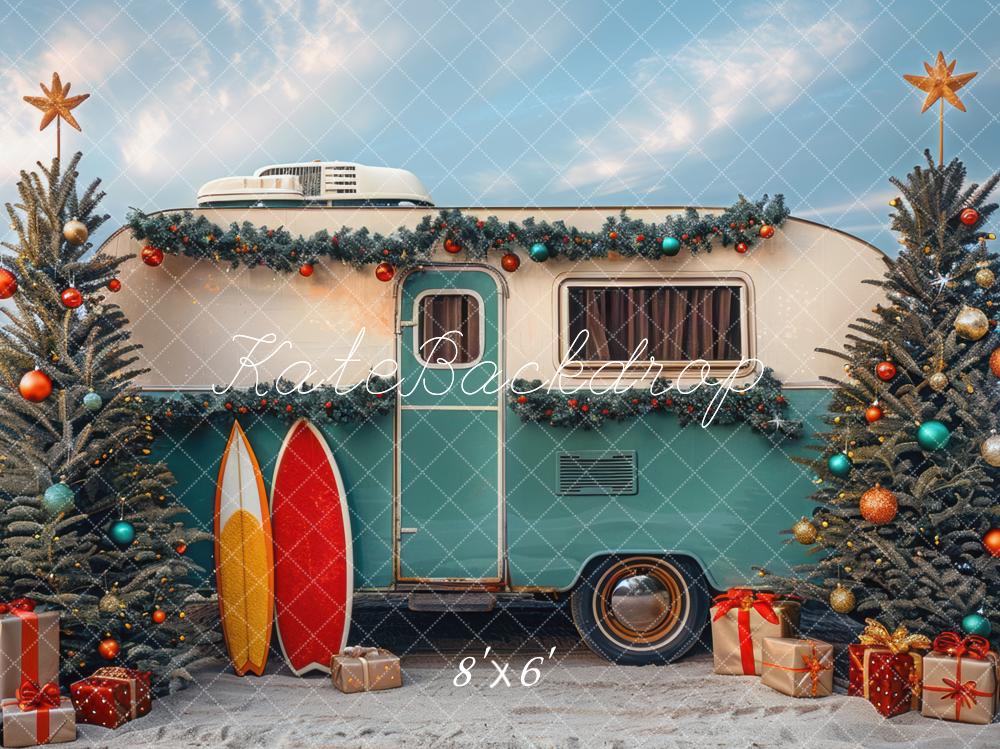 Kerst RV Camper Strand Foto Achtergrond Designed by Mini MakeBelieve