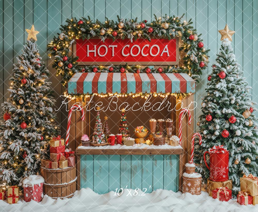 TEST Kate Christmas Tree Hot Cocoa Stand Blue Backdrop Designed by Emetselch