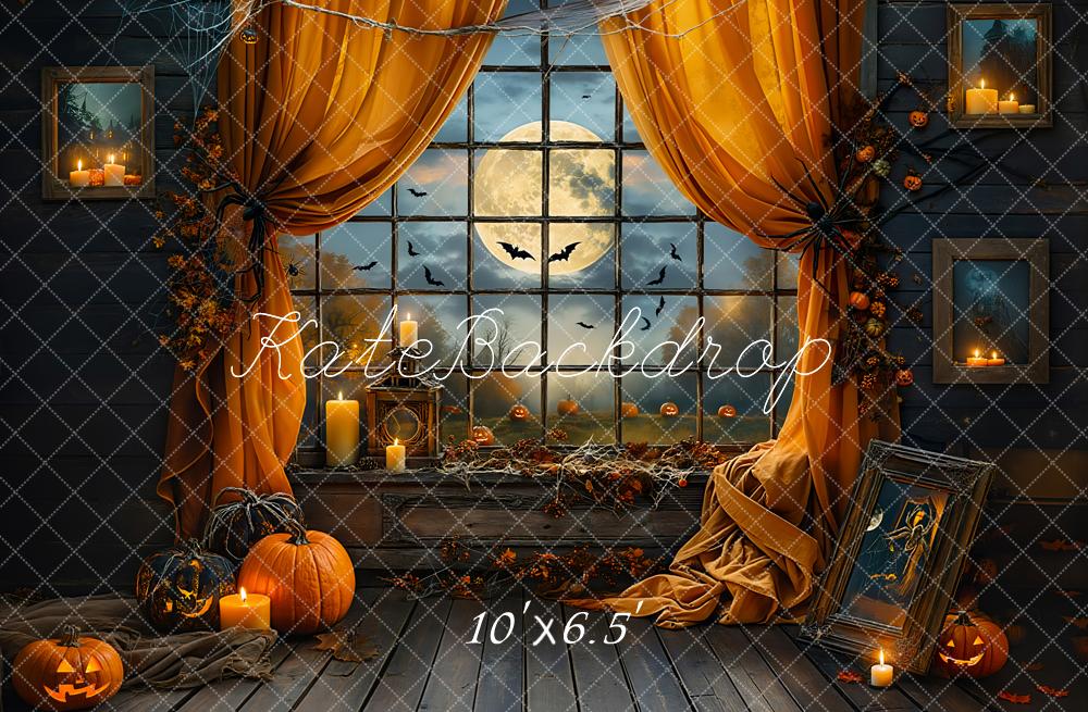 Kate Halloween Night Bat Orange Curtain Black Framed Window Backdrop Designed by Emetselch