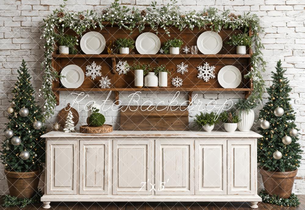 Kate Christmas White Retro Kitchen Brick Wall Backdrop Designed by Emetselch