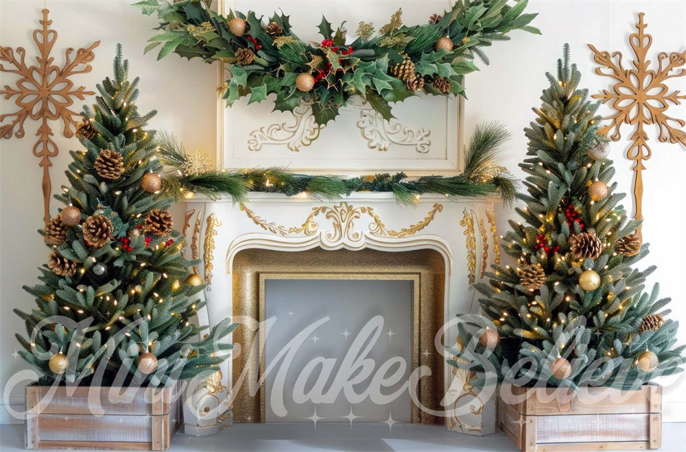 Kerstboom Gouden Vintage Bloemige Witte Haard Foto Achtergrond Designed by Mini MakeBelieve