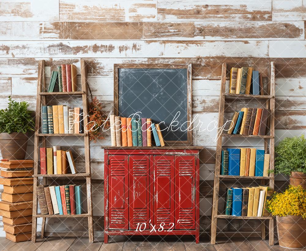 Kate Back to School Bookshelf Red Locker Blackboard Backdrop Designed by Emetselch