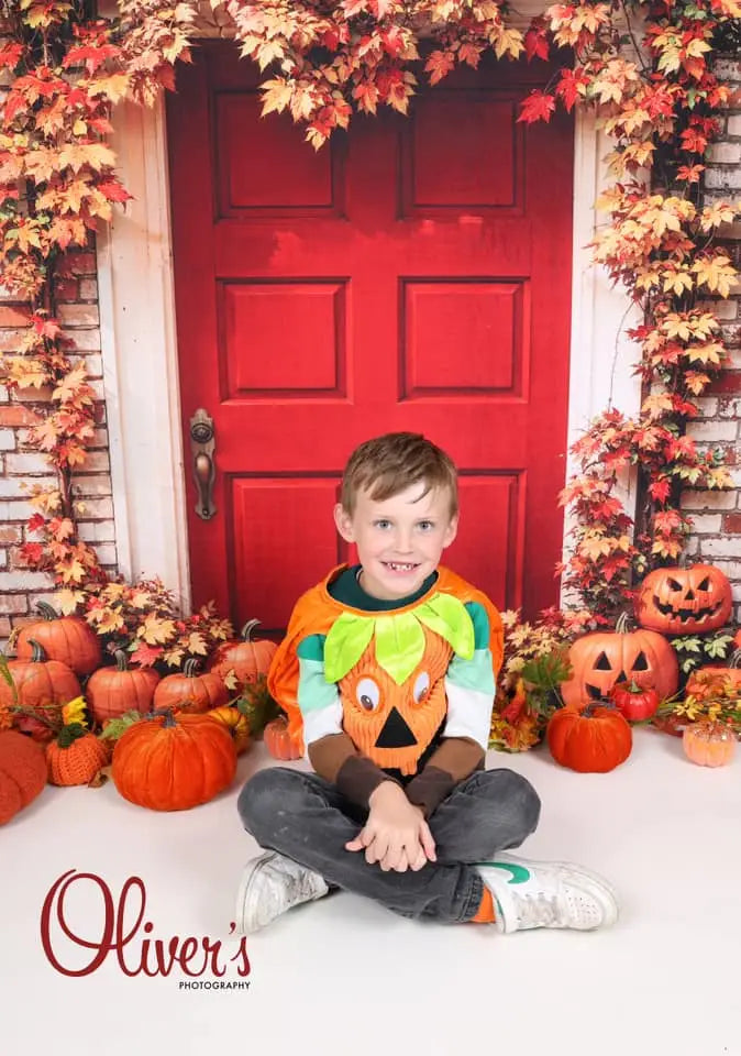 Herfst Halloween Esdoornbladeren Rode Deur Bakstenen Wand Foto Achtergrond, ontworpen door Emetselch