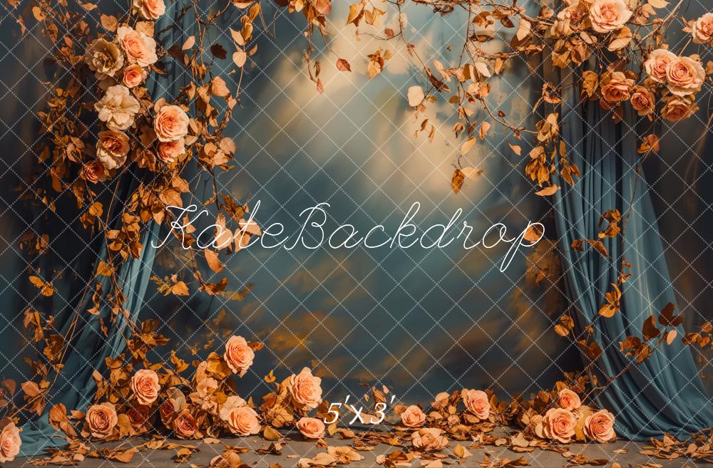 Fall Floral Blue Curtains Foto Achtergrond Designed by Emetselch