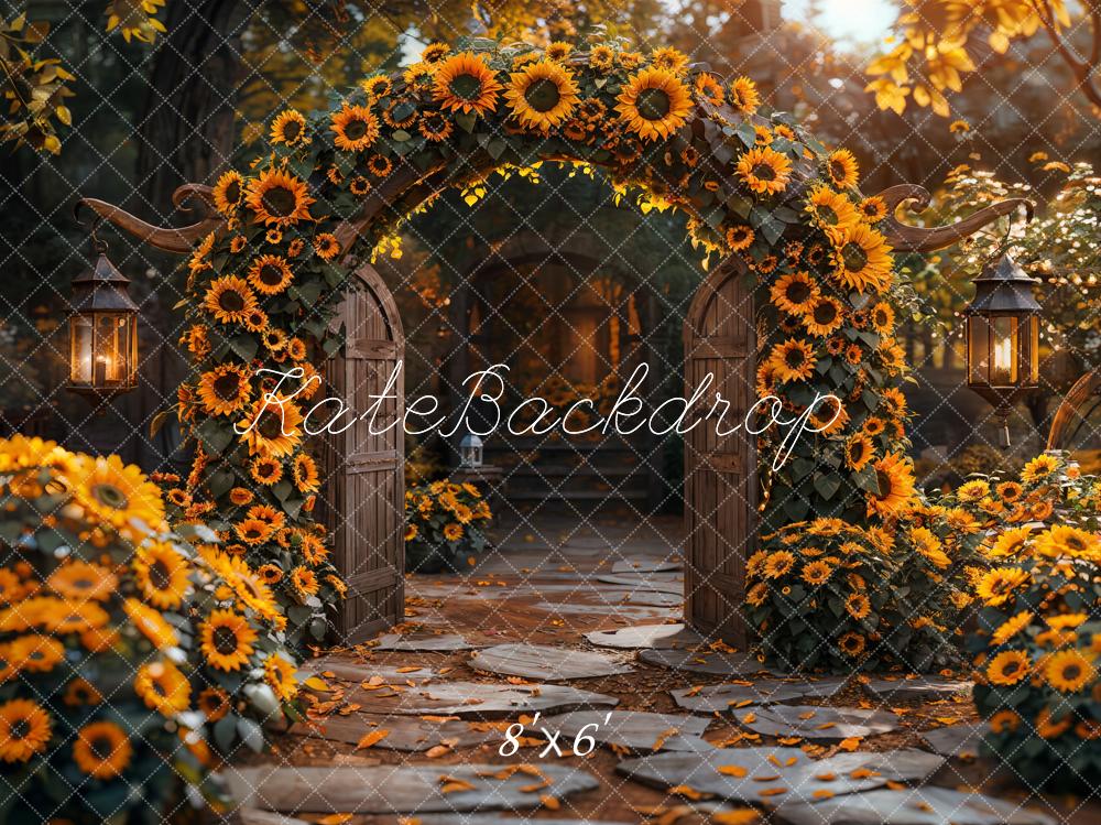 Puerta arqueada marrón con fondo de girasoles amarillos en otoño diseñado por Emetselch