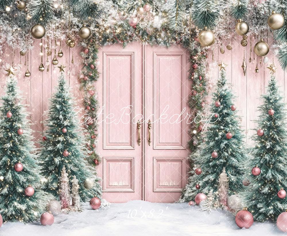 Kate Christmas Tree Pink Door Snowy Backdrop Designed by Lidia Redekopp