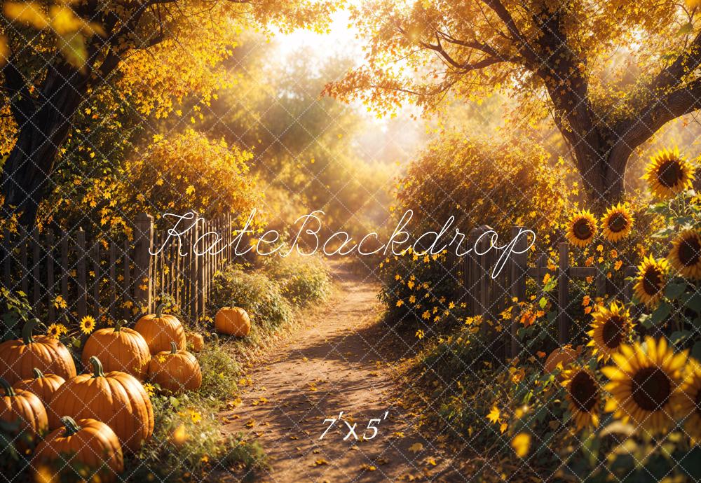 Fondo de girasoles y calabazas del camino del árbol de arce en otoño