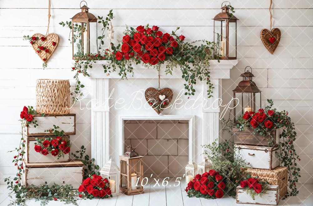 Kate Valentine Roses Fireplace Lantern Rustic Backdrop Designed by Emetselch