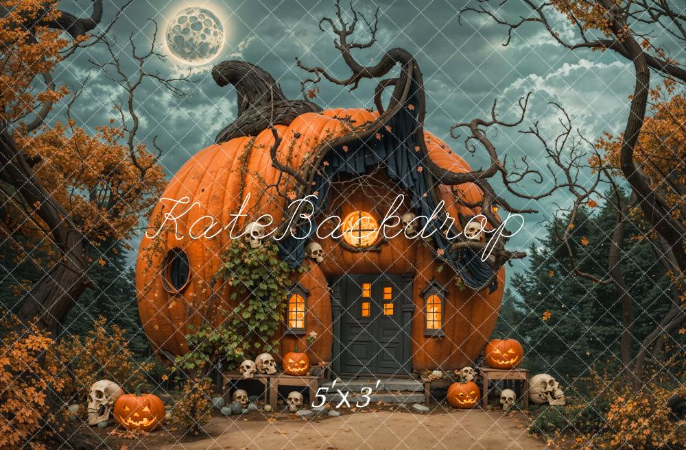 Noche de Halloween en el Bosque Oscuro Casa Mágica de Calabazas en Naranja Fondo