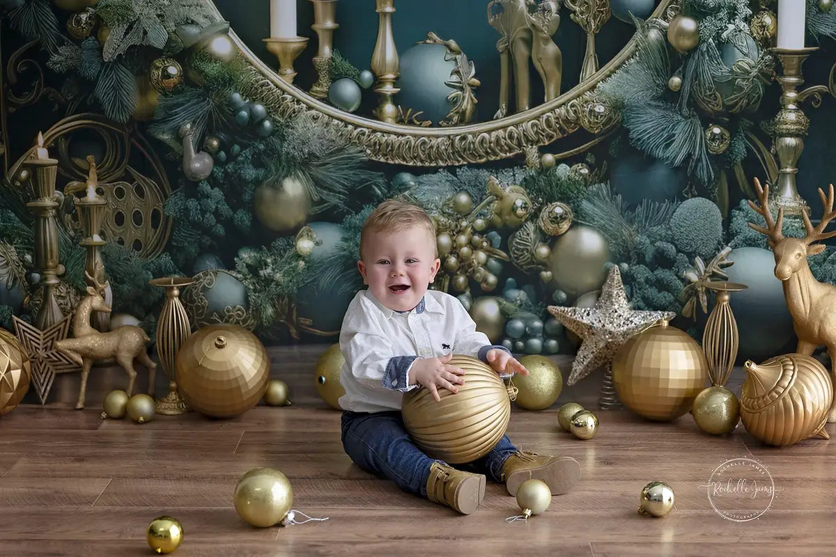 Kerst Vintage Groene Muur Grote Krans Foto Achtergrond Ontworpen door Emetselch