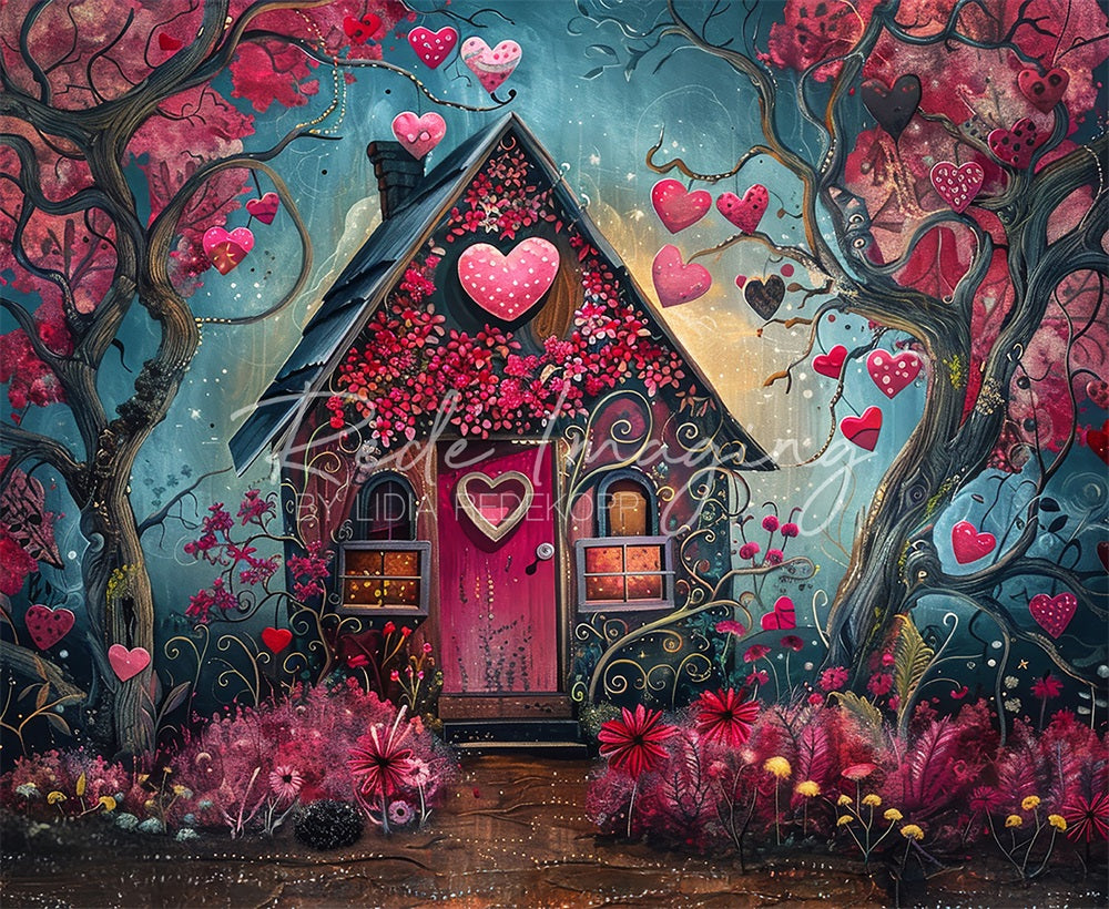 Arte Fantastica Cartoon Forest Red Heart Hut Backdrop Progettata da Lidia Redekopp