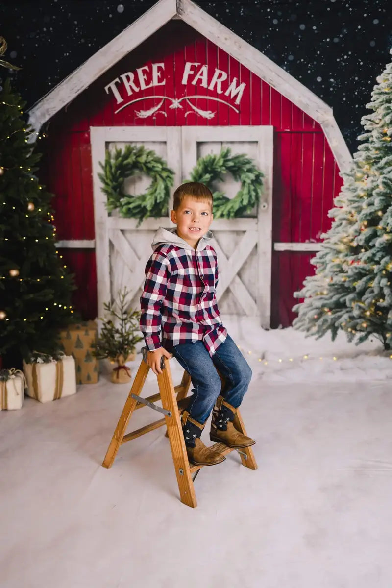 Kate Winter Christmas Tree Farm Red Barn Backdrop Designed by Chain Photography