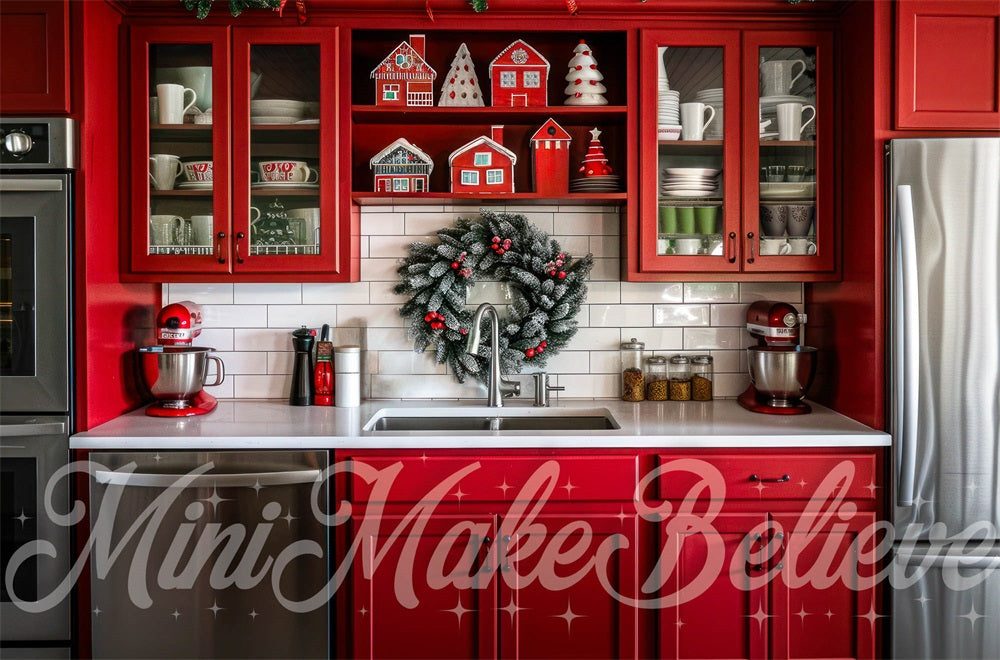 Kate Christmas Indoor Red Kitchen Backdrop Designed by Mini MakeBelieve