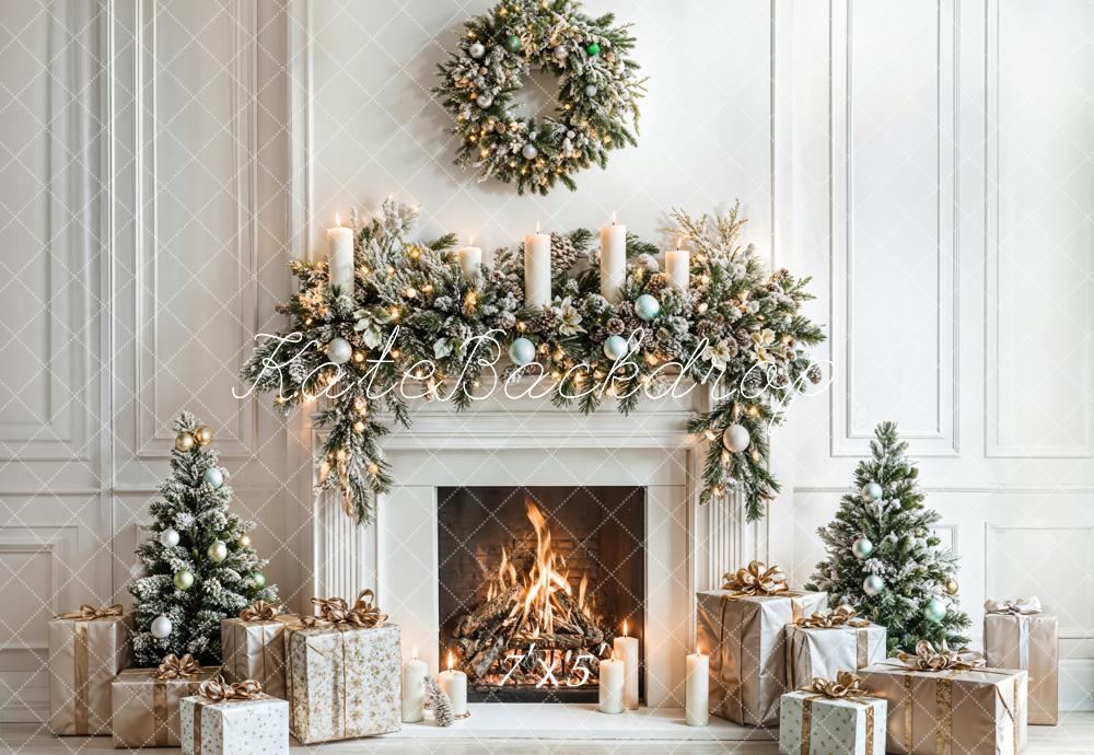 Kate Christmas White Fireplace Gifts Wreath Backdrop Designed by Emetselch