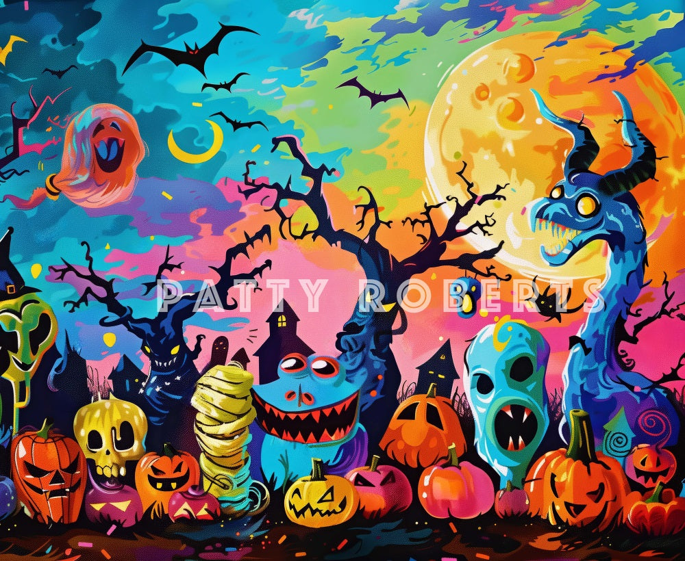 Kate Halloween Cartoon Colorful Monsters Backdrop Designed by Patty Robert