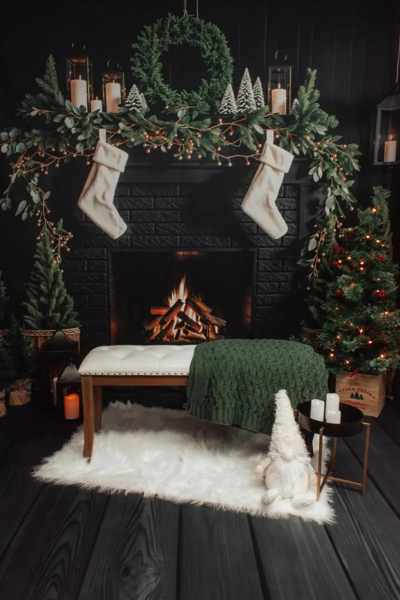 Kate Christmas Tree Fireplace Black Wall Backdrop Designed by Emetselch