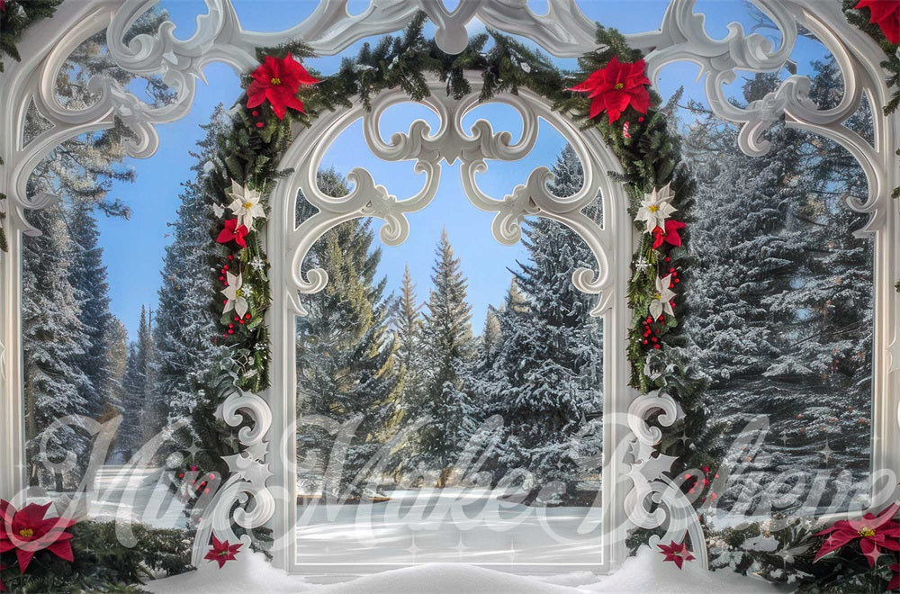 Kate Christmas Forest White Retro Floral Gate Backdrop Designed by Mini MakeBelieve