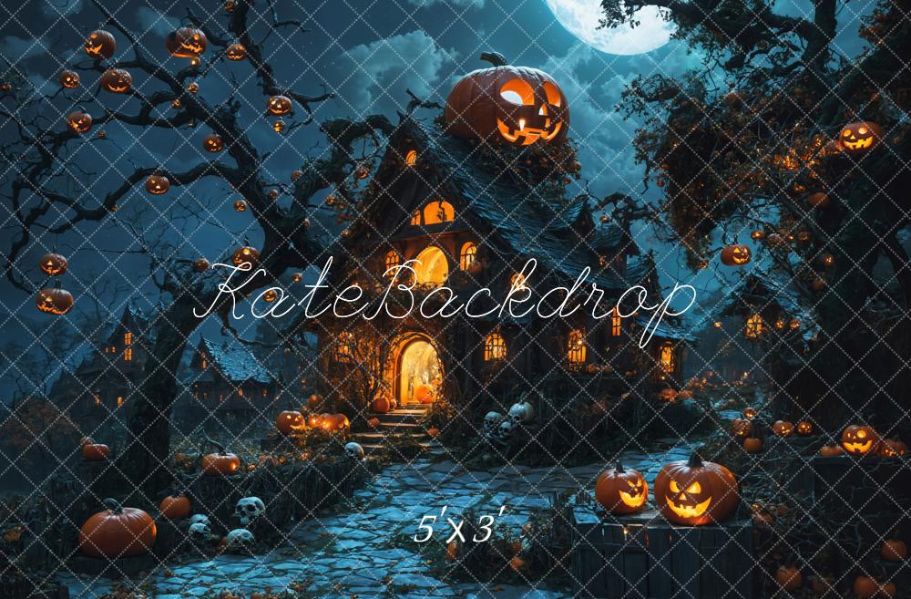 Kate Halloween Night Pumpkin Lanterns Wooden Cabin Backdrop Designed by Emetselch