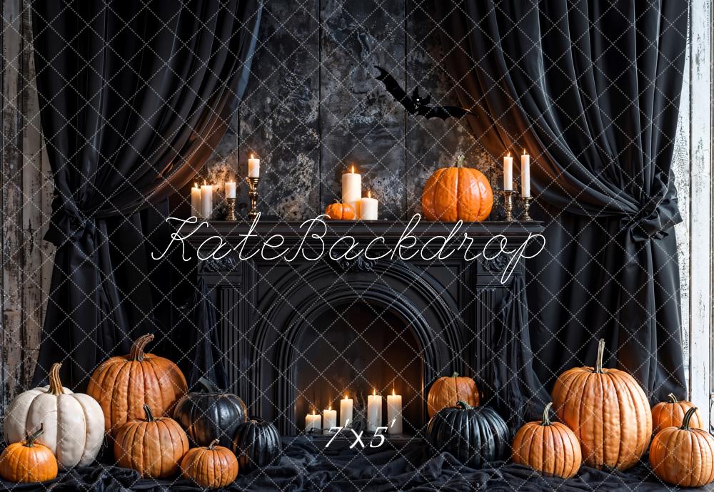 Kate Halloween Black Curtains Retro Fireplace Pumpkin Backdrop Designed by Emetselch