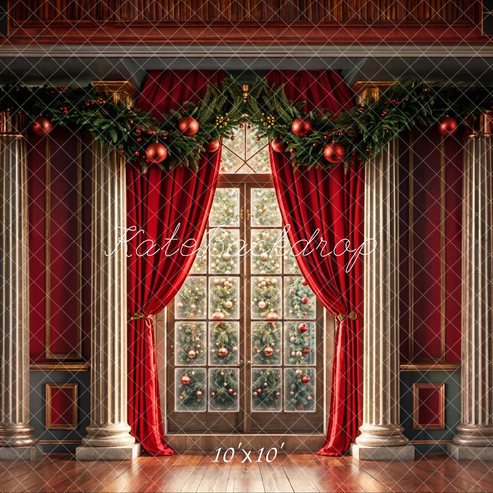 Kate Christmas Indoor Arched Window Red Retro Wall Backdrop Designed by Chain Photography