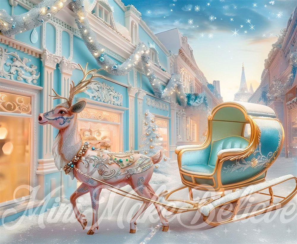 Fantasy Heaven Reindeer Sleigh Retro Store Backdrop Progettato da Mini MakeBelieve