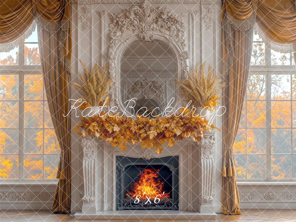 Fall Blanco Chimenea y Ventana Con Elegante Fondo de Pared Diseñado por Mini MakeBelieve