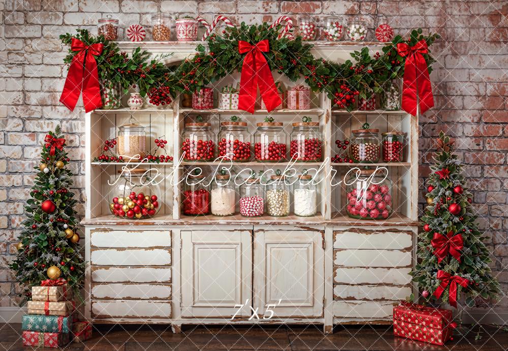 Kate Christmas Kitchen White Cabinets Candy Brick Wall Backdrop Designed by Emetselch