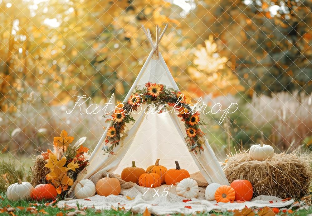 Fall White Teepee Decorated With Pumpkins Foto Achtergrond Designed by Patty Robert