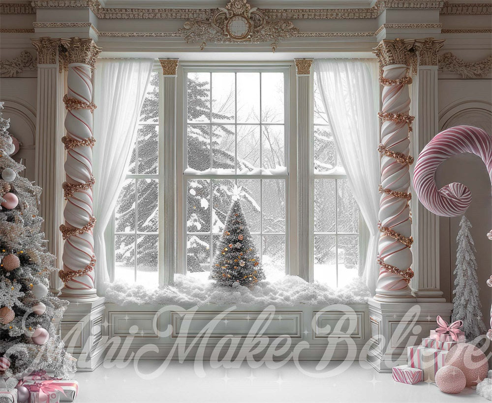 Kate Christmas Indoor Pink Candy White Retro Framed Window Backdrop Designed by Mini MakeBelieve