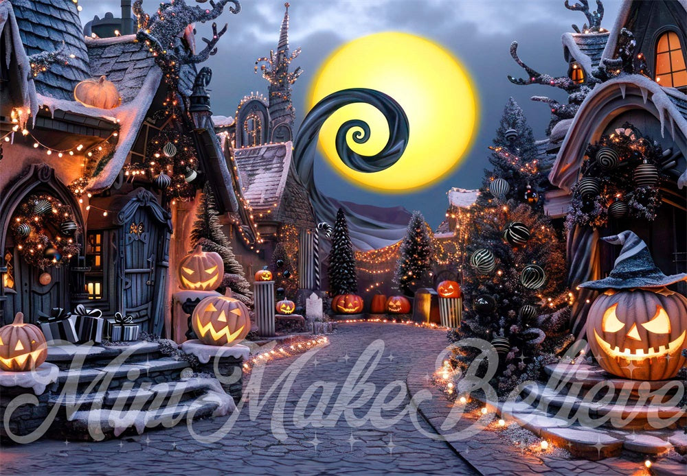 Kate Halloween Pumpkin Dark Town Street Backdrop Designed by Mini MakeBelieve