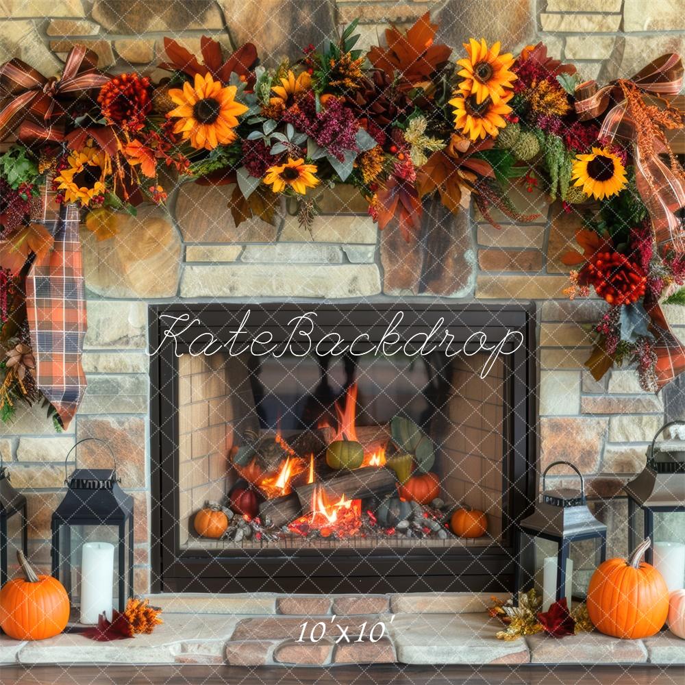 Kate Fall Sunflower Fireplace Brick Wall Backdrop Designed by Mini MakeBelieve