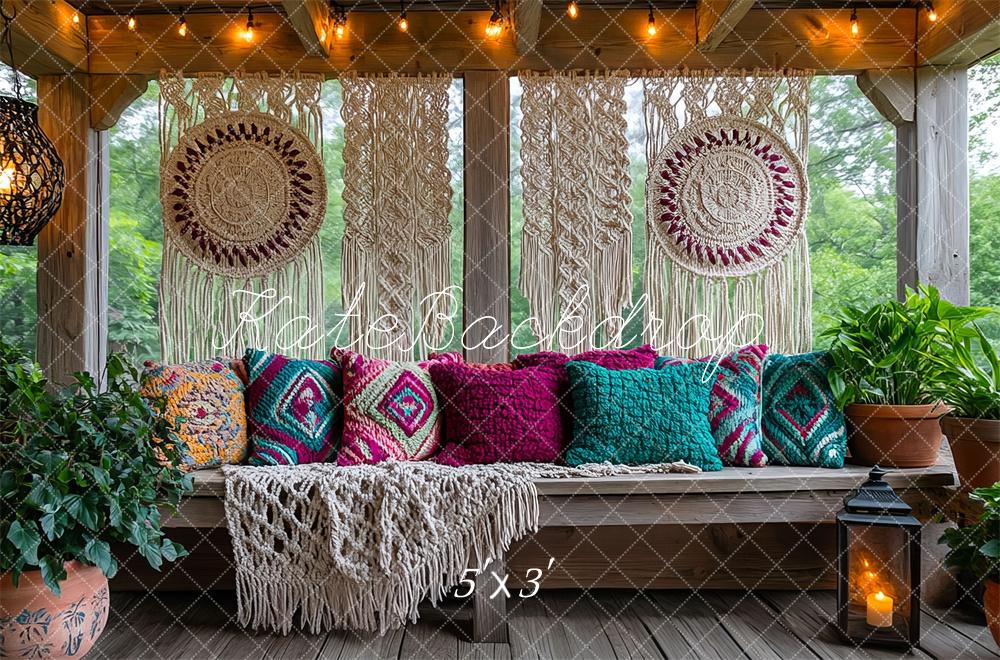 Boho Macrame Patio Bench Pillows Foto Achtergrond Designed by Mini MakeBelieve