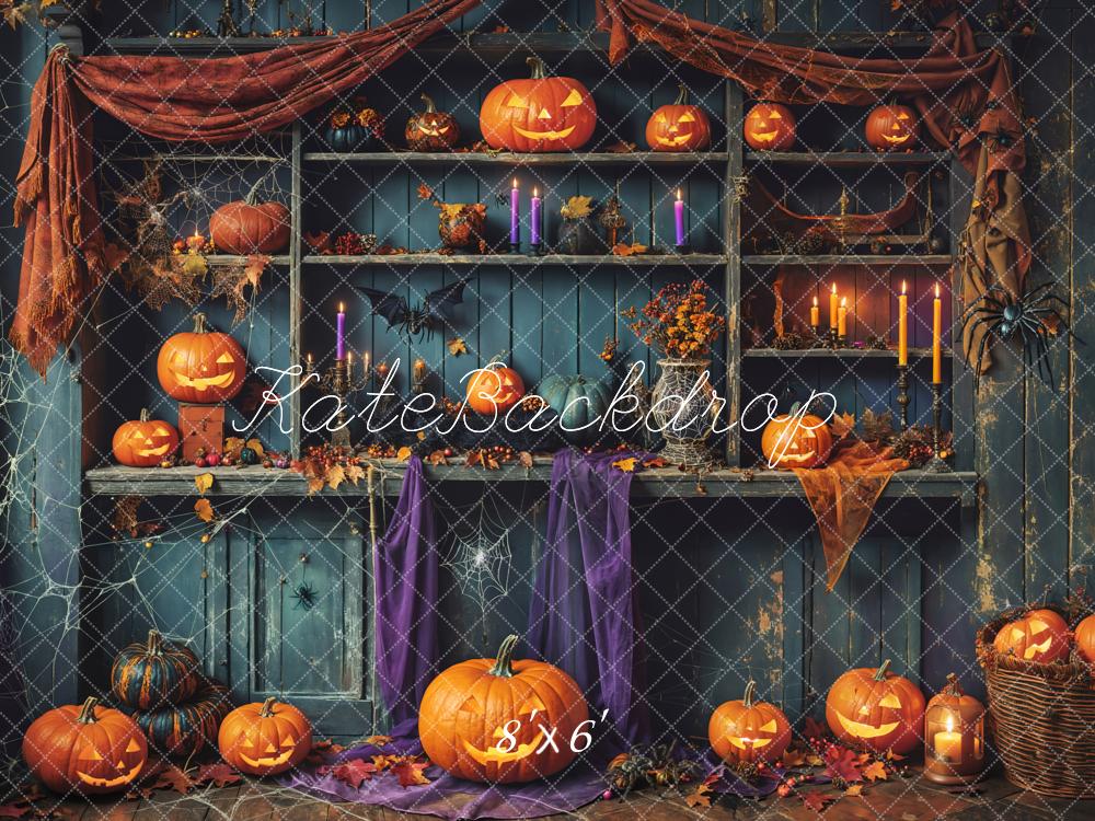 Fondo de tienda de calabaza de madera verde desgastada para Halloween Designed by Emetselch