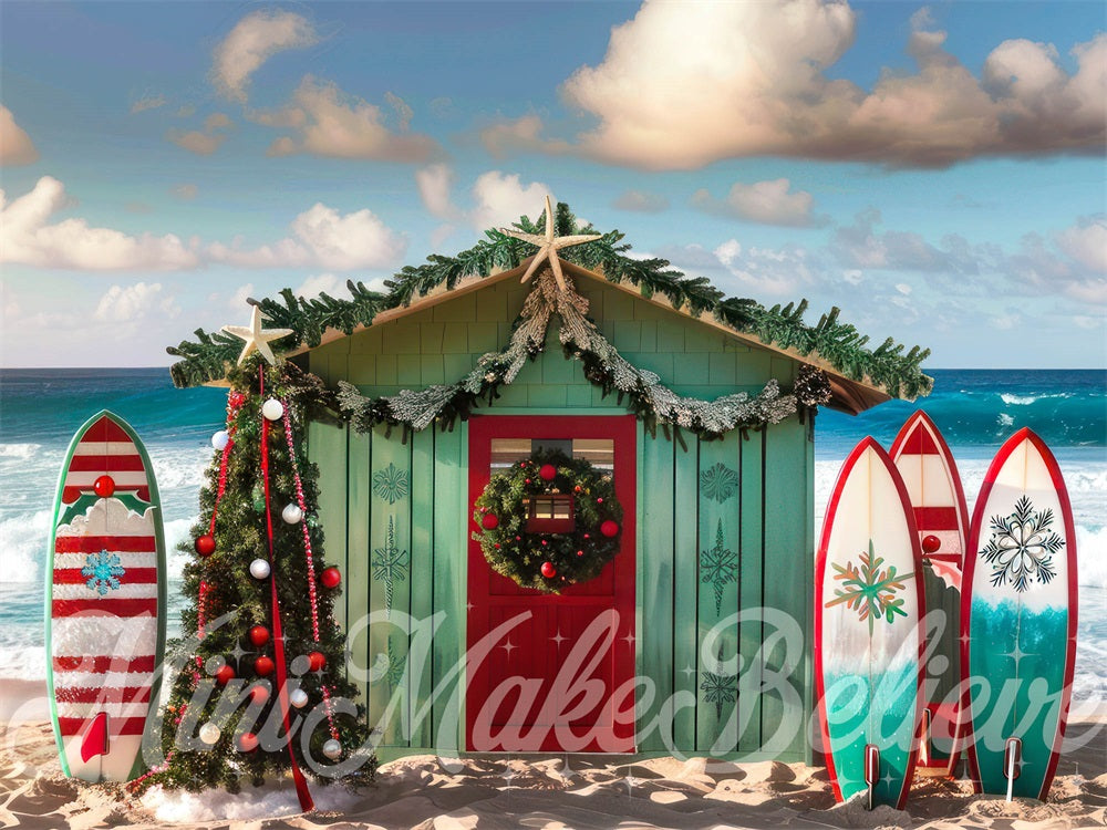 Kerst Zee Strand Groene Surfplank Hut Achtergrond Ontworpen door Mini MakeBelieve