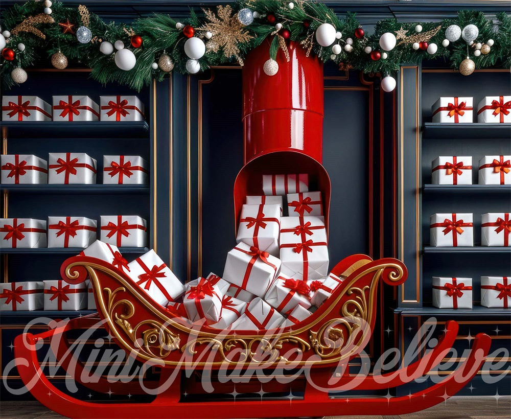 Kerstbinnenruimte met arreslee-cadeauwinkel-achtergrond ontworpen door Mini MakeBelieve.