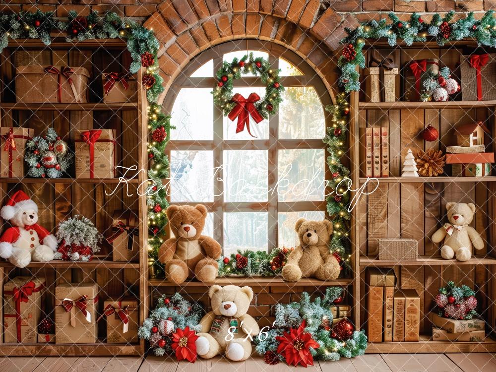 Kate Christmas Brown Gifts Shelf Teddy Bears Window Backdrop Designed by Patty Robert