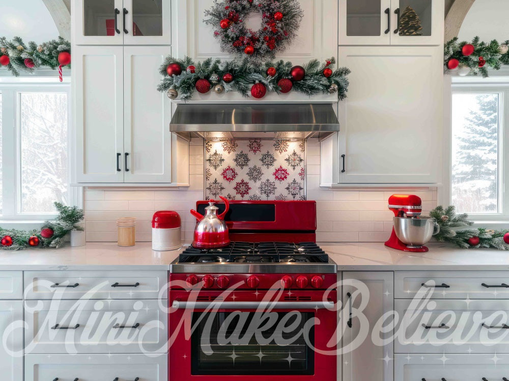 Cocina Moderna Blanca de Navidad con Fondo de Horno Rojo Diseñado por Mini MakeBelieve