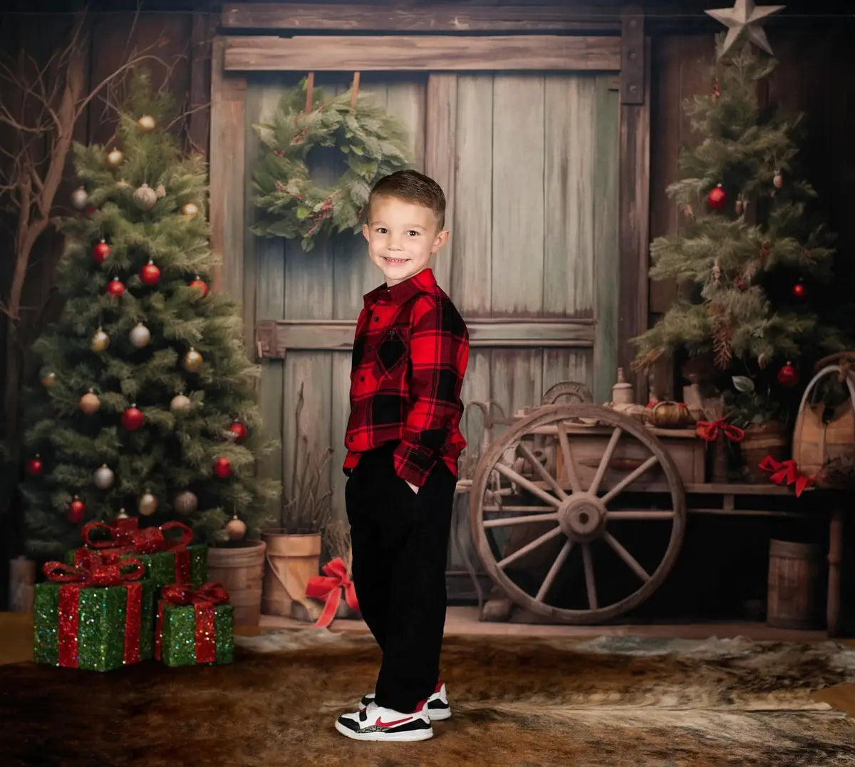 Kate Christmas Painted Brown Barn Green Tree Backdrop Designed by Emetselch