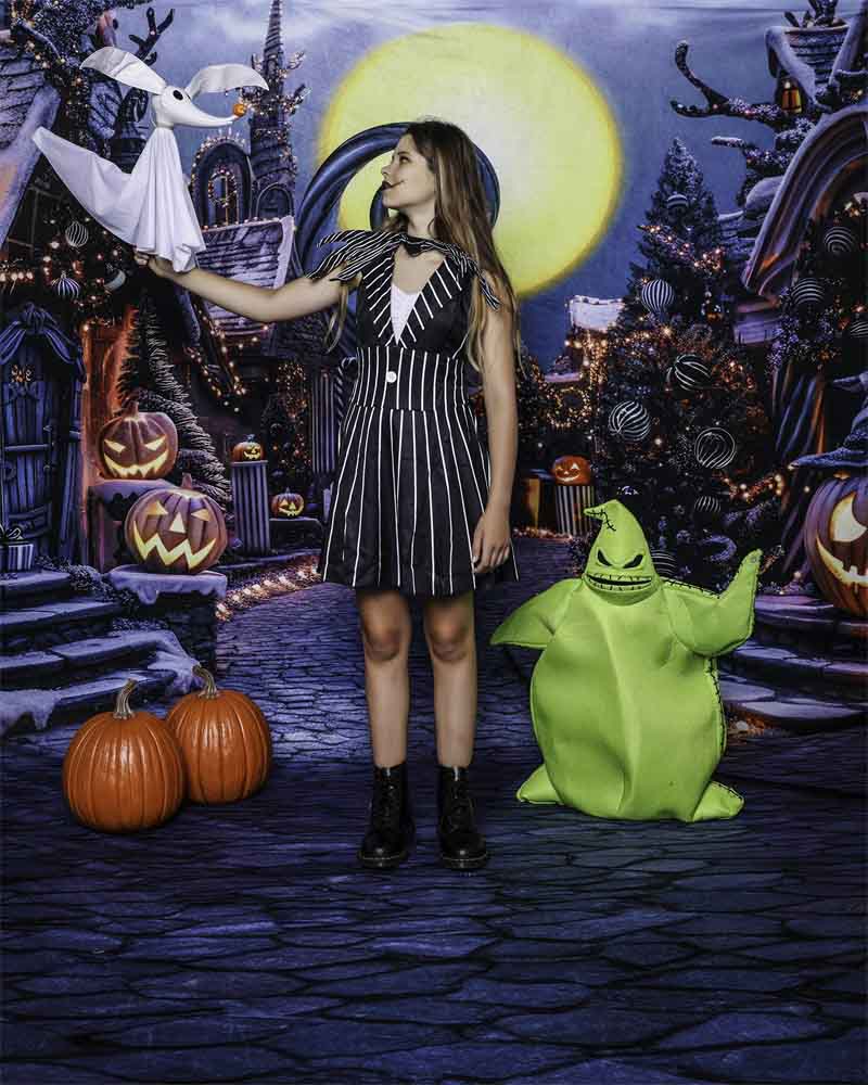 Kate Halloween Pumpkin Dark Town Street Backdrop Designed by Mini MakeBelieve