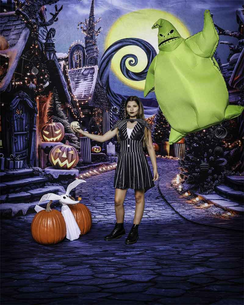 Kate Halloween Pumpkin Dark Town Street Backdrop Designed by Mini MakeBelieve