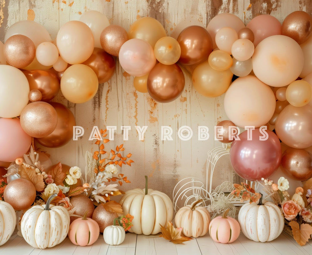 Cake Smash Boho Herfst Ballon Boog Pompoenen Foto Achtergrond Designed by Patty Robert