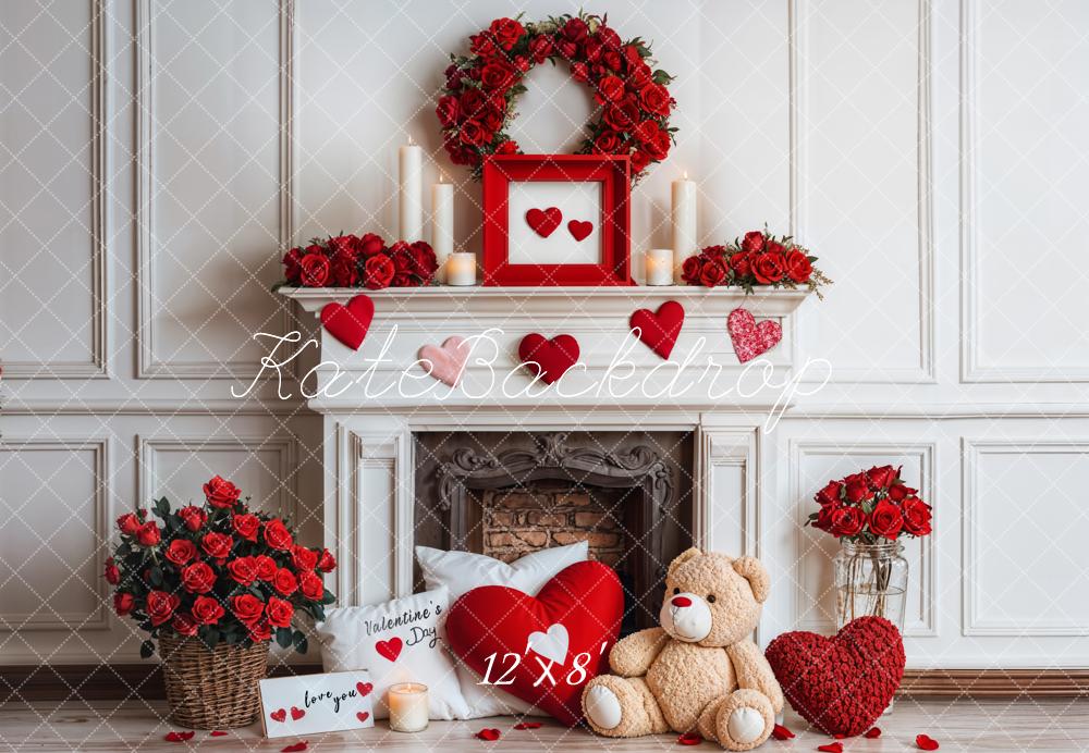 Kate Valentine Fireplace Teddy Bear Roses Backdrop Designed by Emetselch