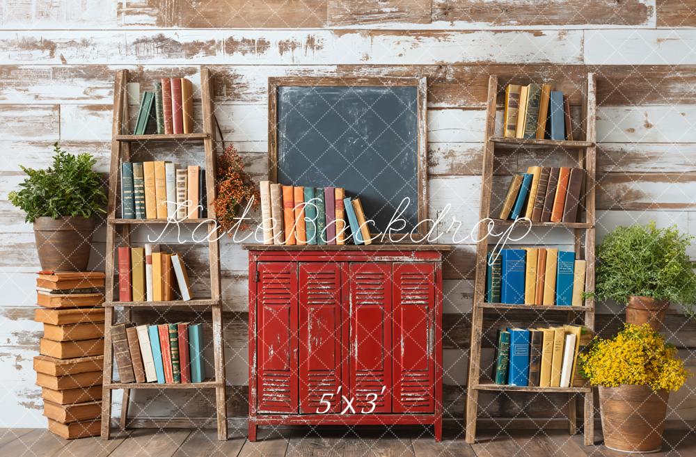 Kate Back to School Bookshelf Red Locker Blackboard Backdrop Designed by Emetselch