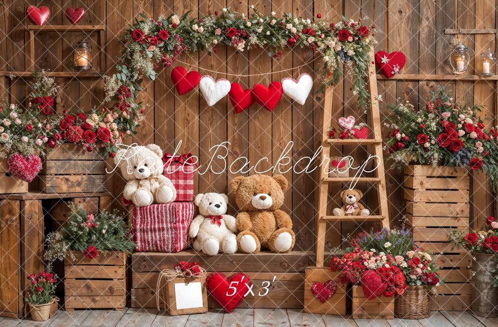 Kate Valentine's Day Teddy Bear Floral Wood Backdrop Designed by Emetselch